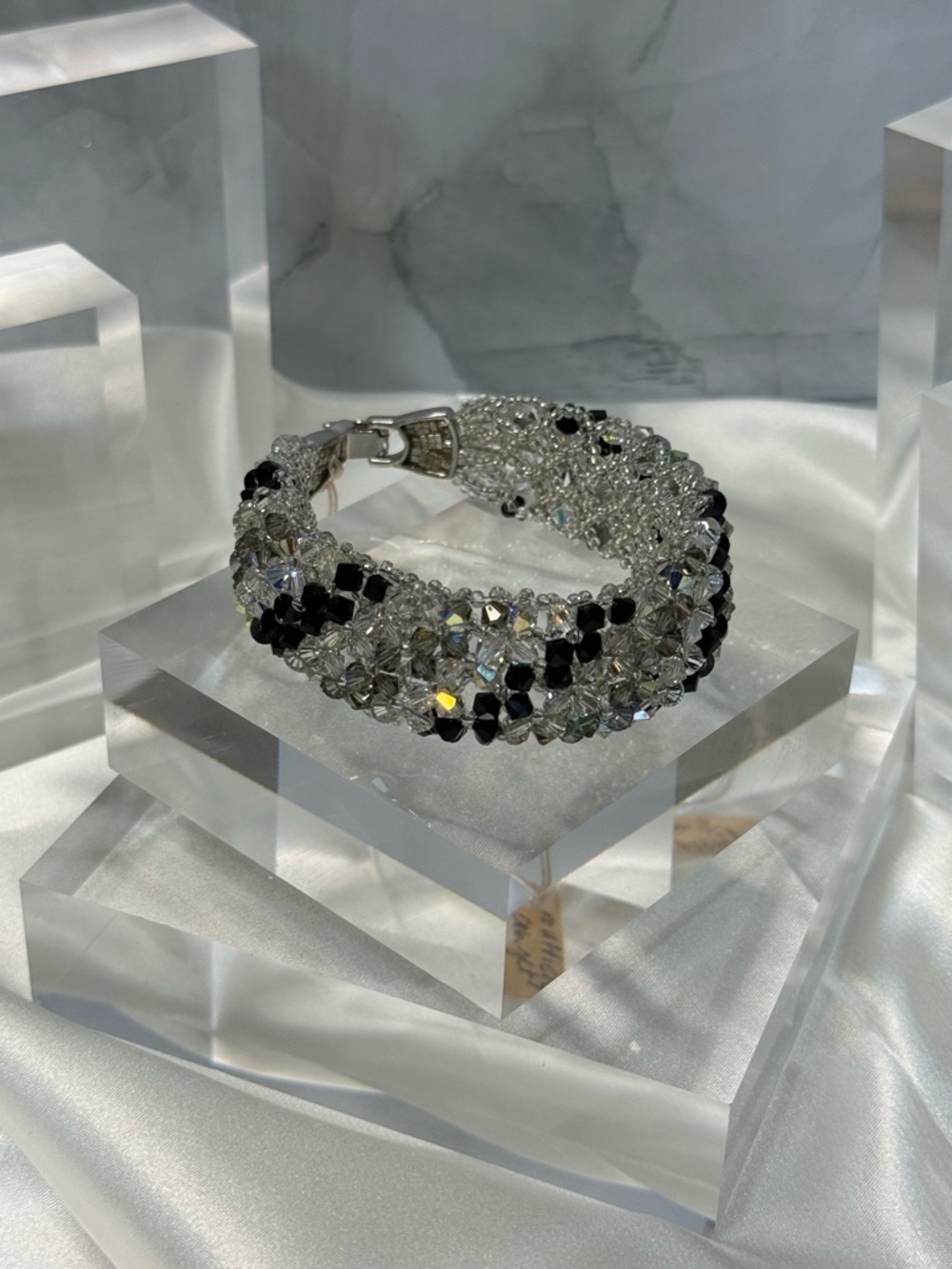 NWT Handmade Swarovski Crystal Woven Bead Bracelet Black Gray and Crystal AB